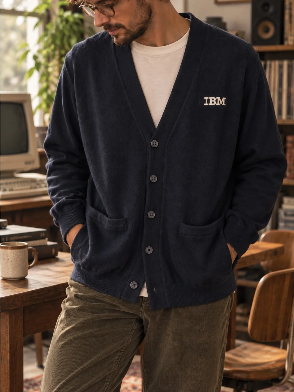 IBM Edwards Garment Navy Cardigan Sweater L Cotton Blend Corporate Tech Logo